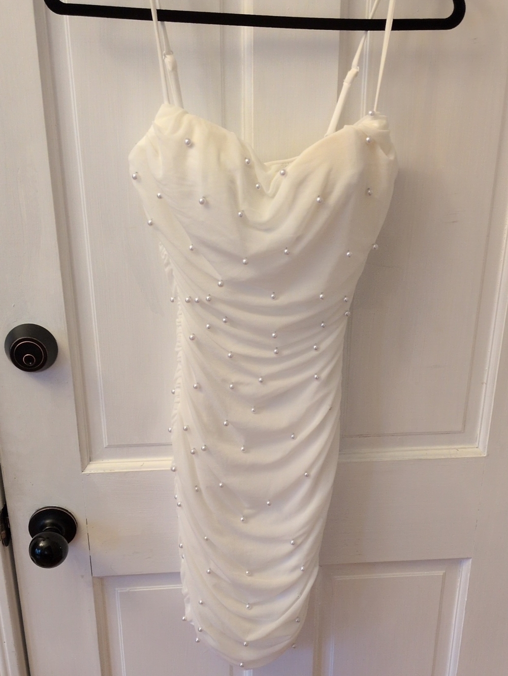 Windsor Cream Pearl-Embellished Spaghetti Strap Mini Dress